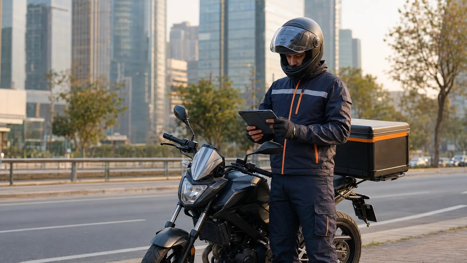 Motosikletinin yanında dijital kontrol listesini inceleyen profesyonel kurye