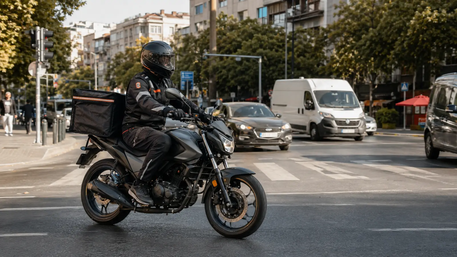 İstanbul trafiğinde koruyucu ekipmanla güvenli sürüş yapan motosikletli kurye
