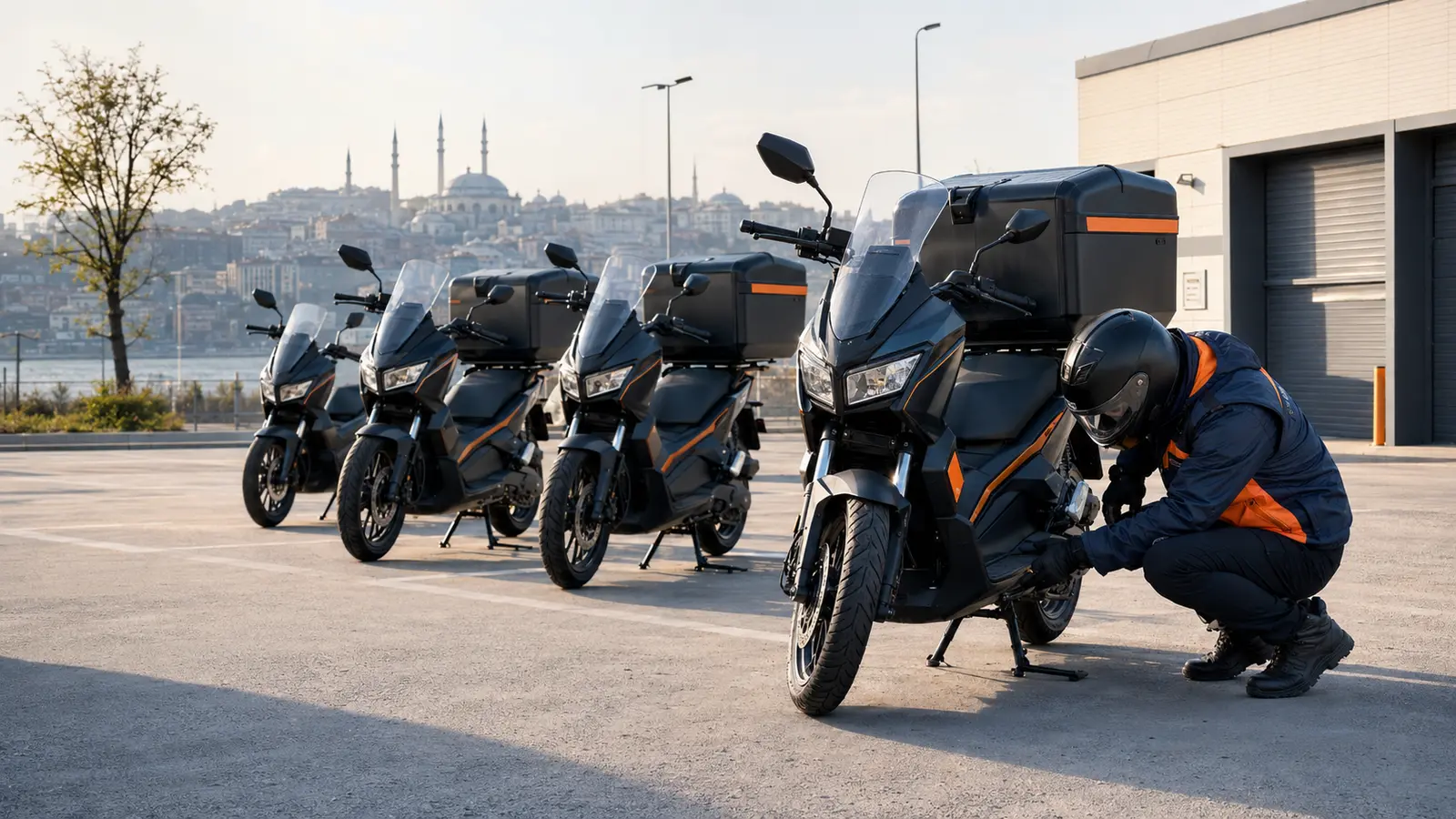 Vardiya öncesinde motosiklet filosunun bakım kontrolünü yapan kurye