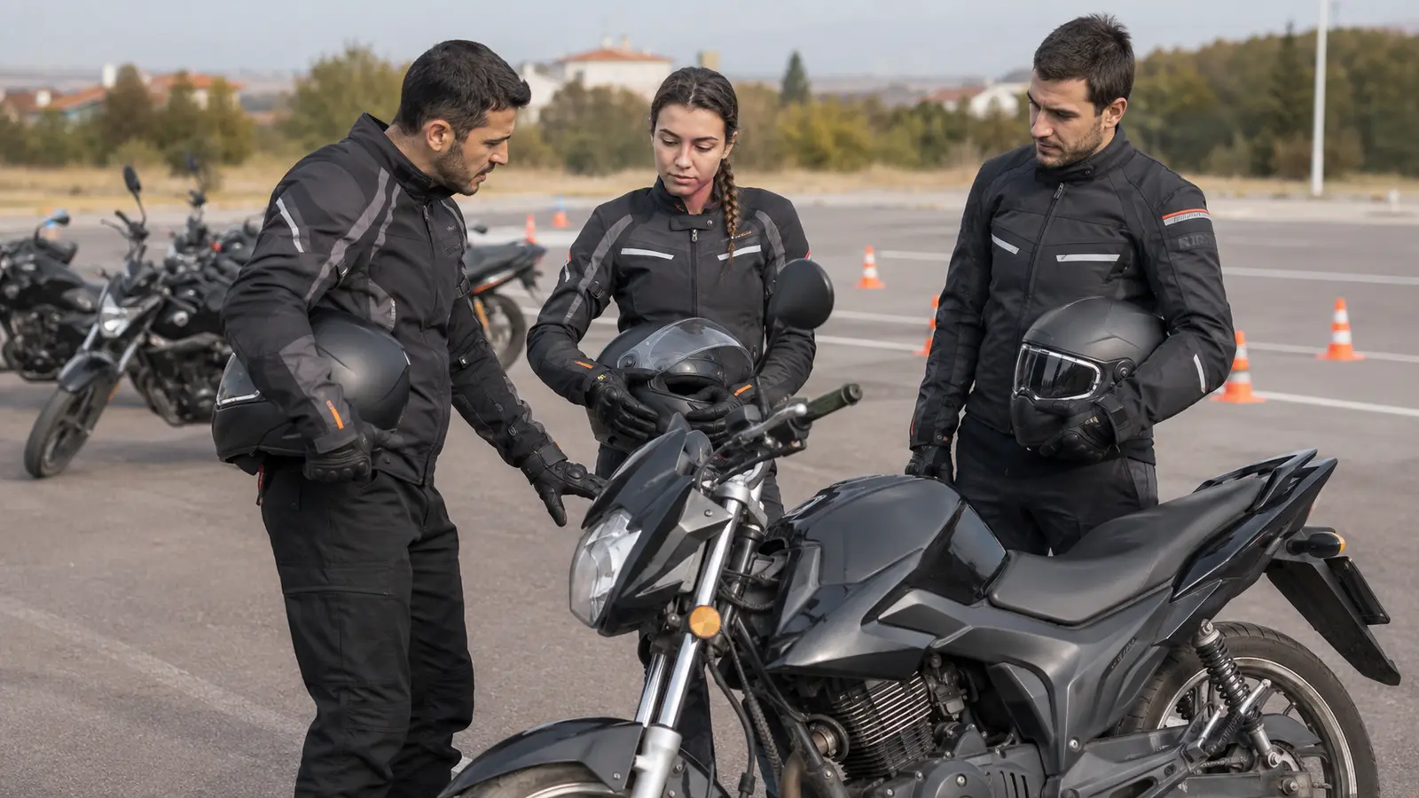 Eğitim alanında motosiklet güvenlik kontrolünü birlikte inceleyen kuryeler