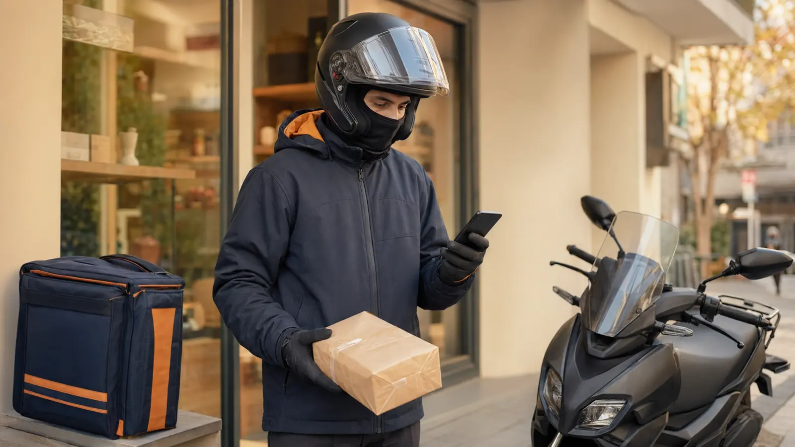 Teslimat öncesinde paket ve görev bilgilerini kontrol eden motosikletli kurye