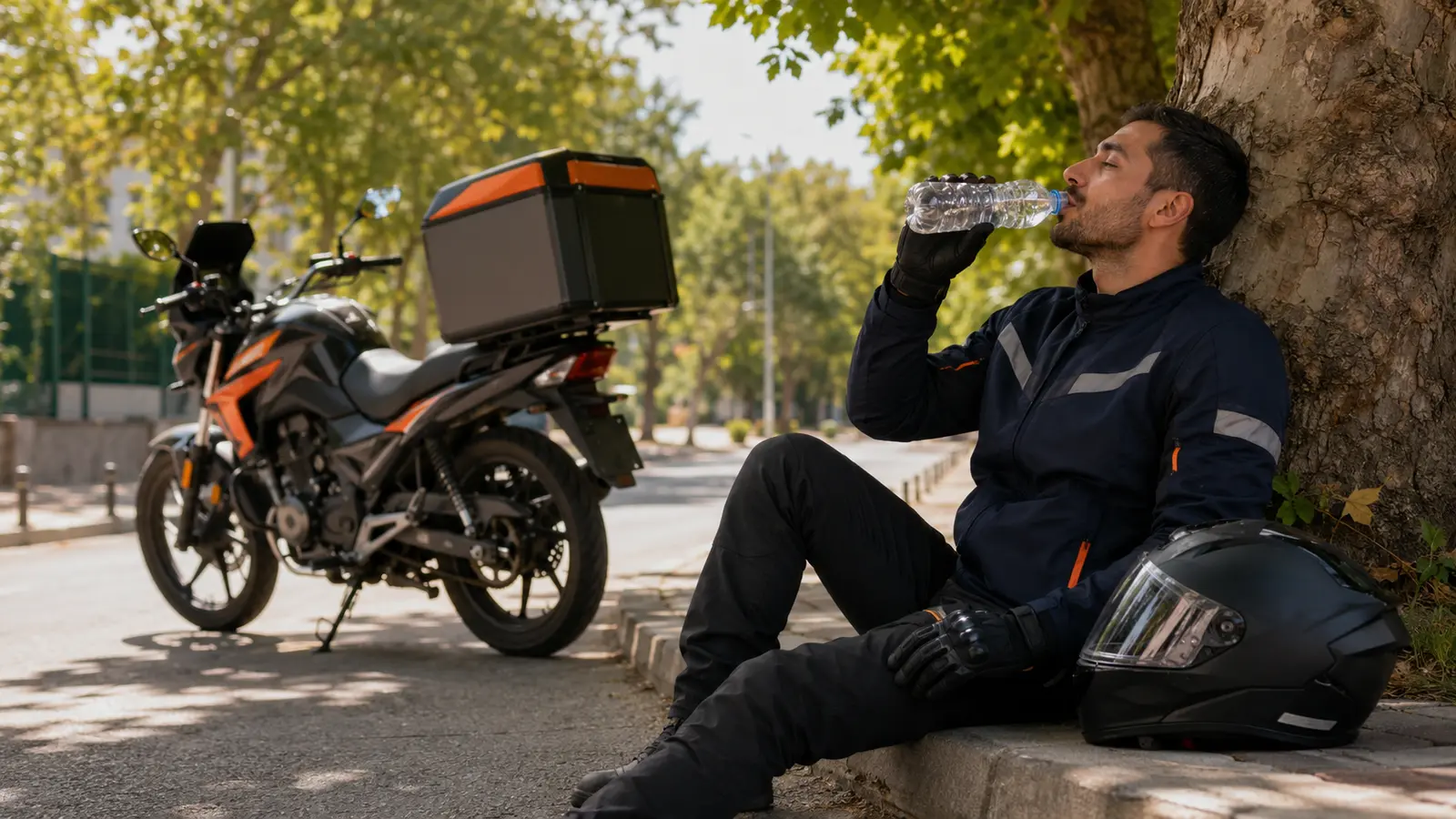 Yaz sıcağında gölgede su içerek güvenli mola veren motosikletli kurye
