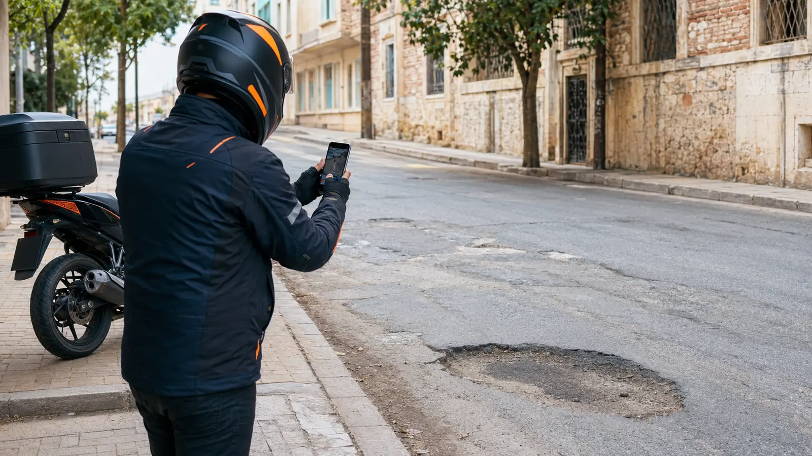 Bozuk yol yüzeyini güvenli noktadan kayıt altına alan motosikletli kurye