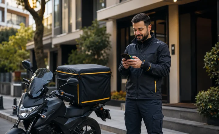 Park edilmiş motosikletinin yanında müşteriye bilgi veren kurye