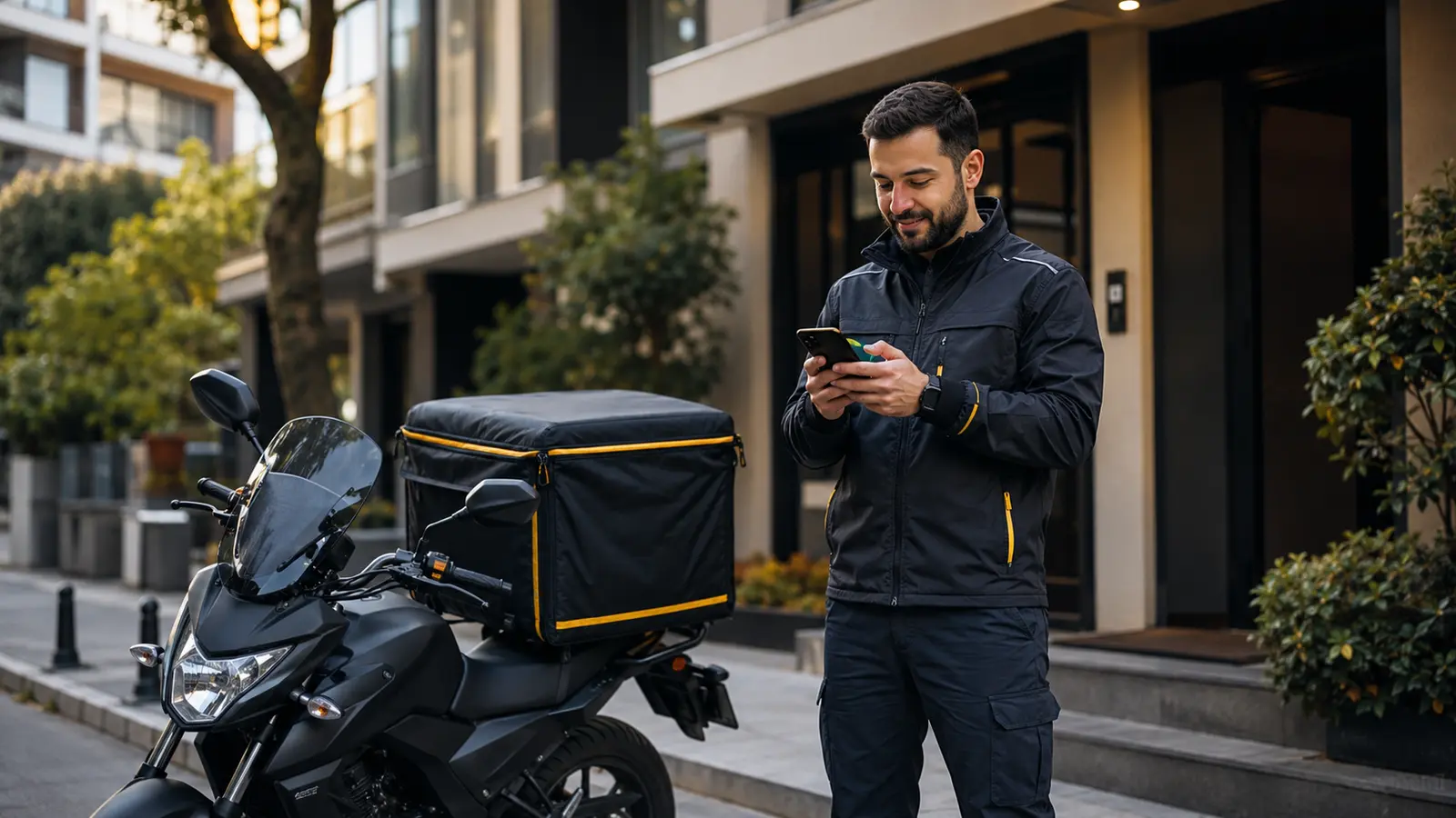 Park edilmiş motosikletinin yanında müşteriye bilgi veren kurye