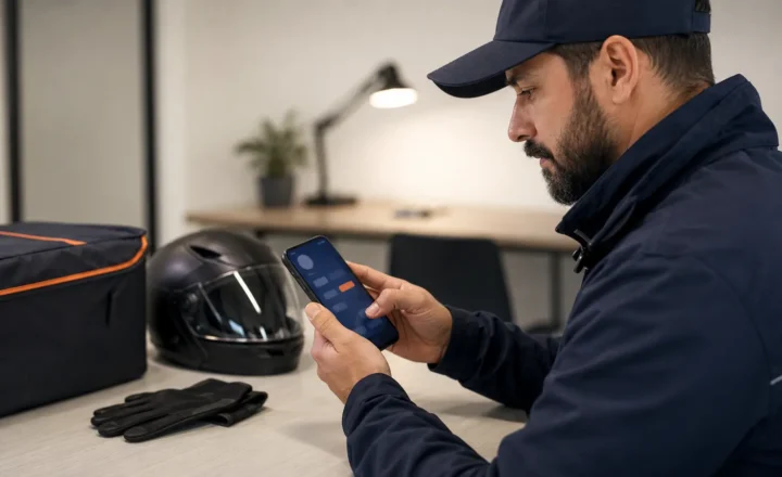 Vardiya öncesinde ekipmanını kontrol eden profesyonel moto kurye