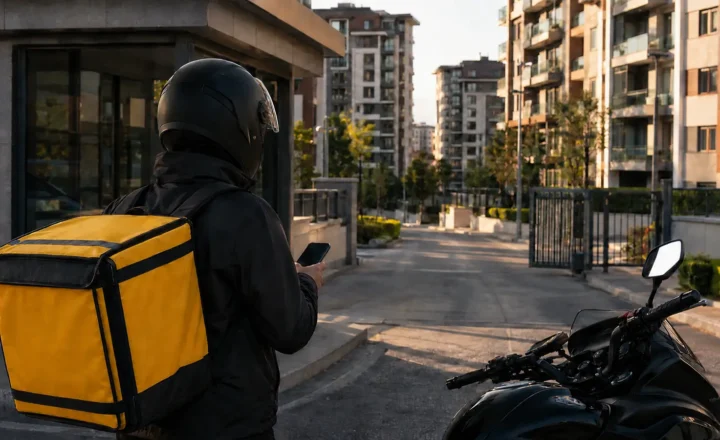 Site girişinde teslimat noktasını kontrol eden yüzü görünmeyen moto kurye