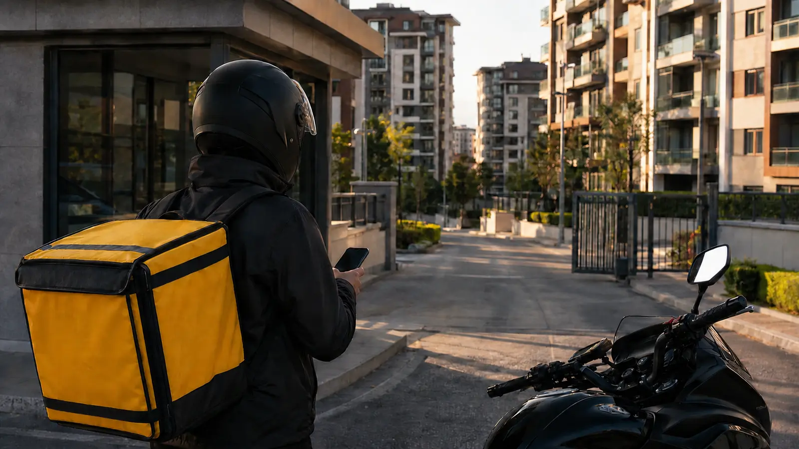 Site girişinde teslimat noktasını kontrol eden yüzü görünmeyen moto kurye
