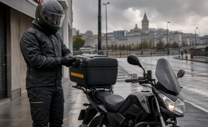 Yağmurlu vardiya öncesinde ekipmanını kontrol eden motosikletli kurye