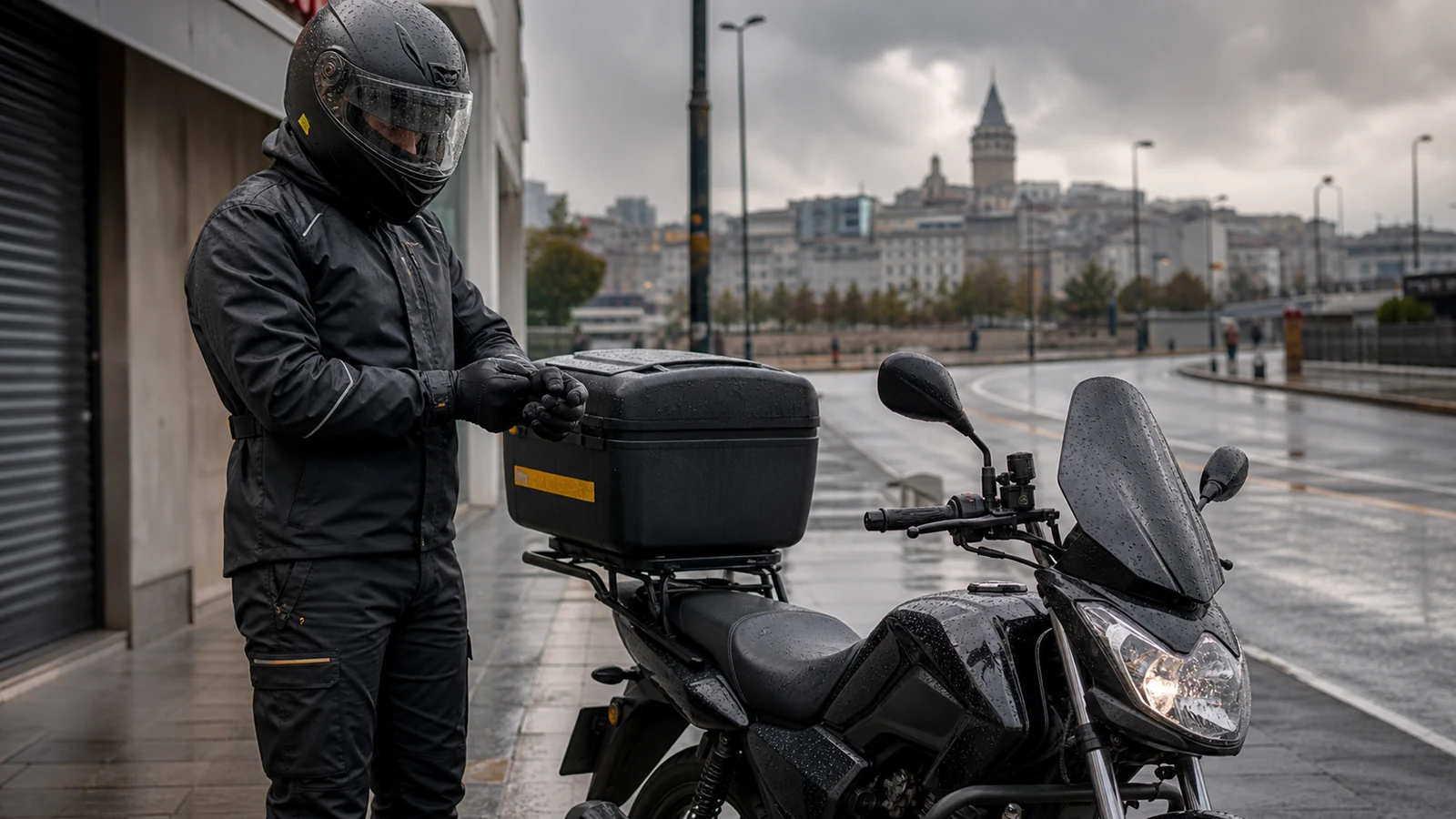 Yağmurlu vardiya öncesinde ekipmanını kontrol eden motosikletli kurye