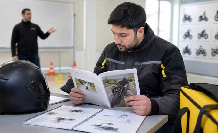 SRC Kurye eğitimi için güvenli sürüş materyallerini inceleyen motosikletli kurye