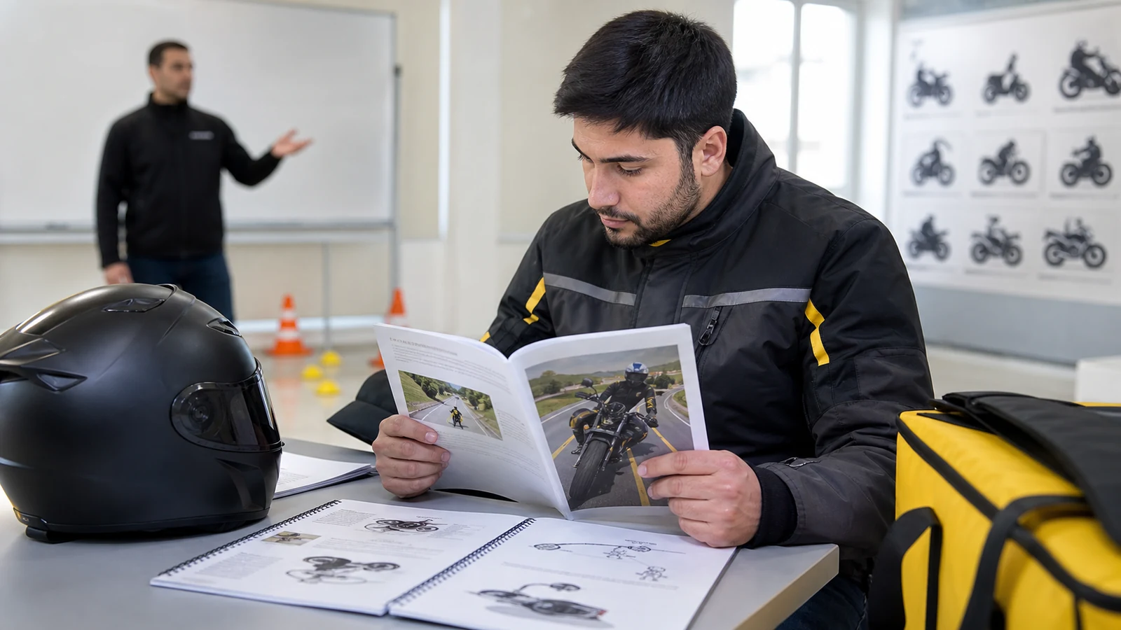 SRC Kurye eğitimi için güvenli sürüş materyallerini inceleyen motosikletli kurye