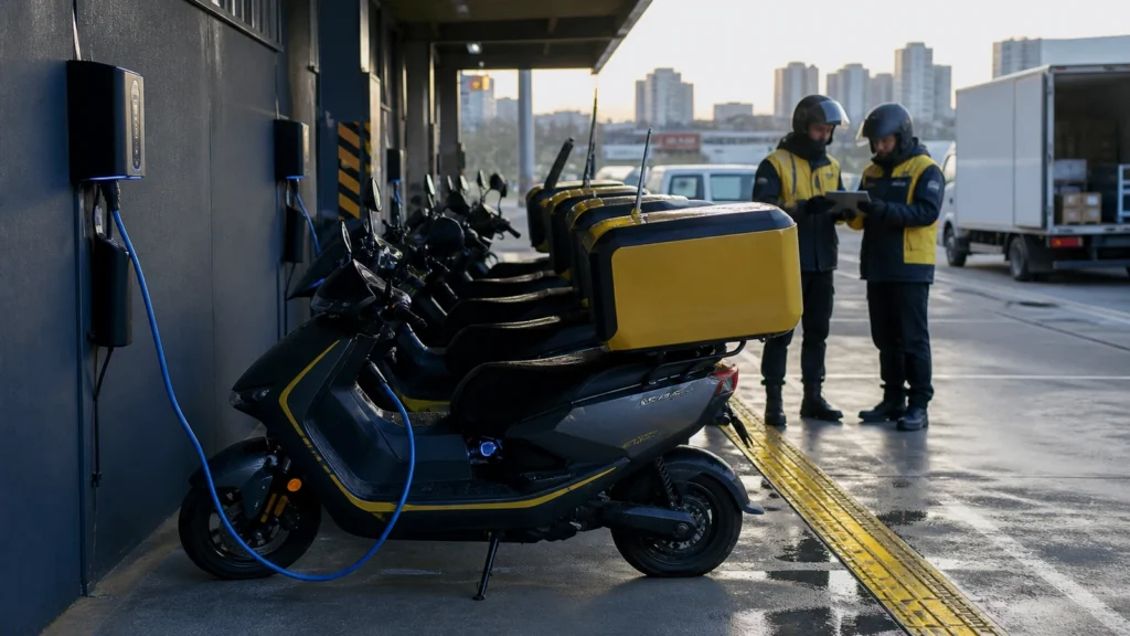 Şarj edilen elektrikli kurye motosikletleri yanında rota planlayan kuryeler