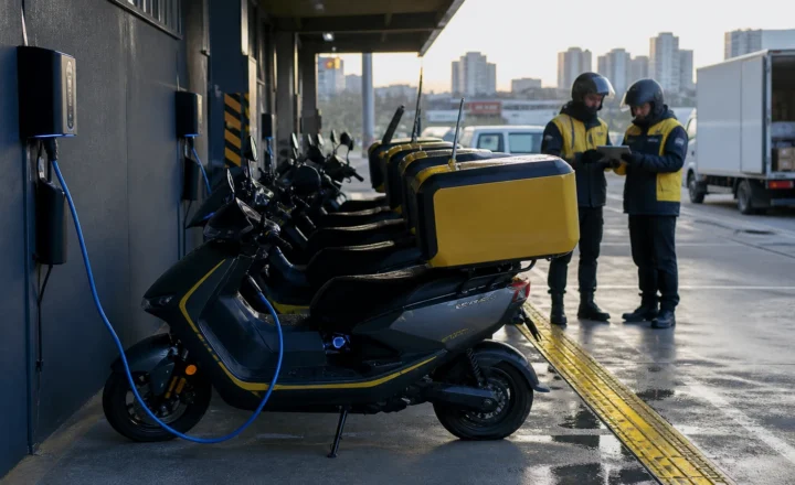 Şarj edilen elektrikli kurye motosikletleri yanında rota planlayan kuryeler
