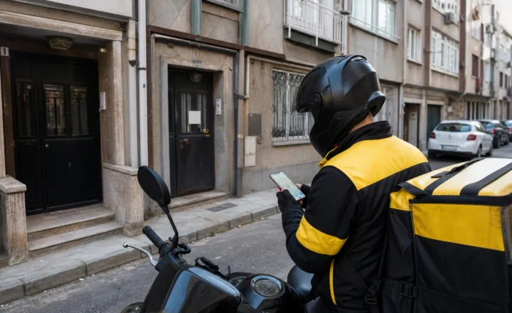 Benzer apartman girişleri arasında teslimat adresini güvenli noktada kontrol eden kurye
