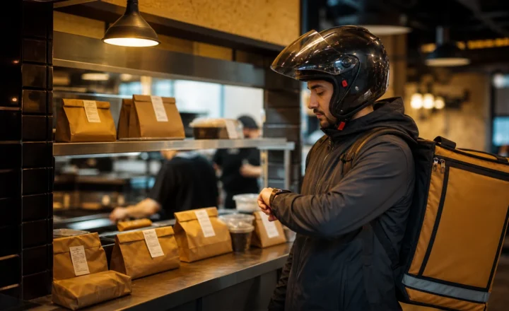 Restoran teslim alma noktasında siparişin hazırlanmasını sakin biçimde bekleyen moto kurye