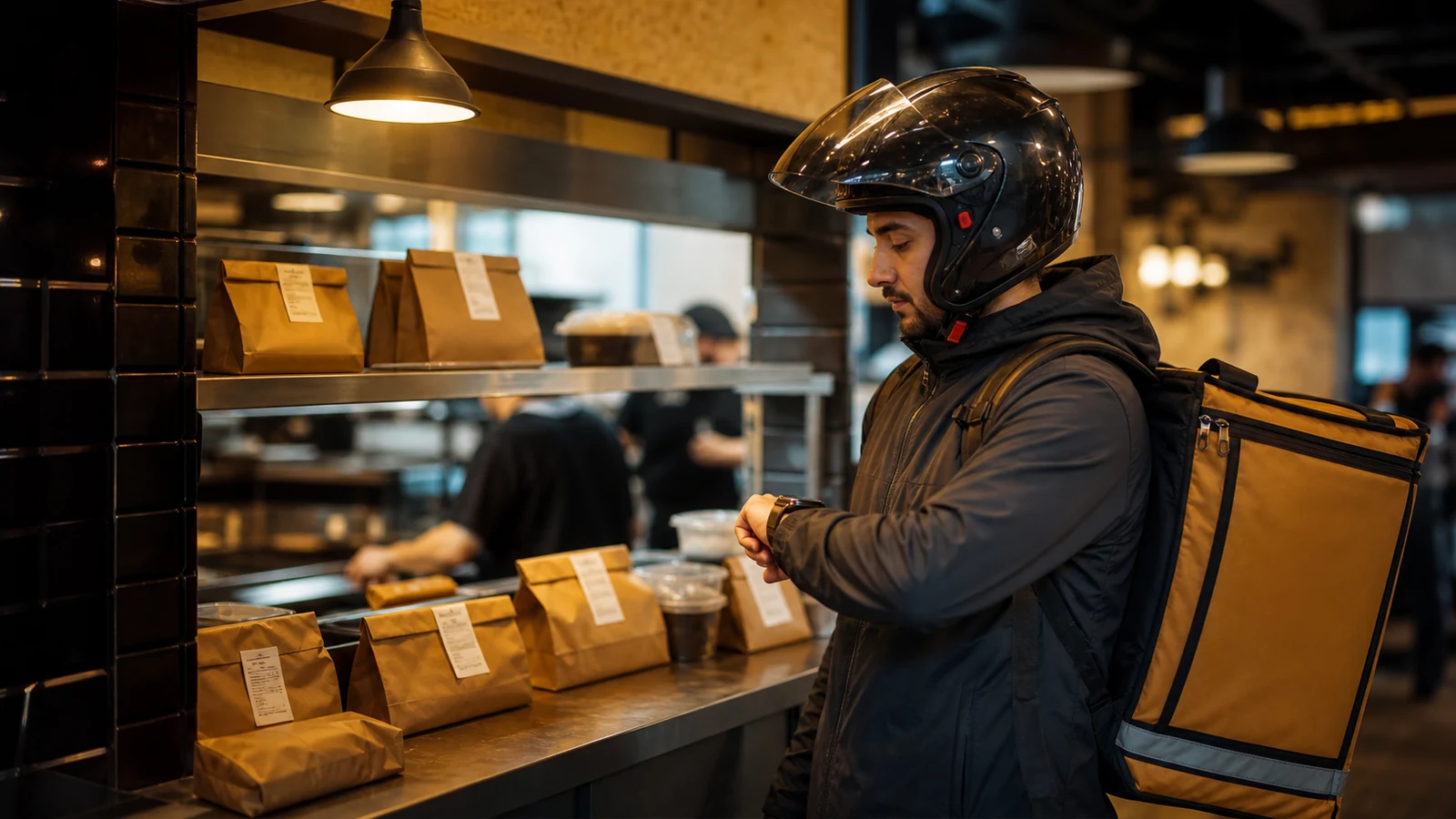 Restoran teslim alma noktasında siparişin hazırlanmasını sakin biçimde bekleyen moto kurye