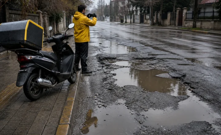 Yağmur sonrası bozuk yol ve su birikintisini güvenli kaldırımdan kayda alan kurye