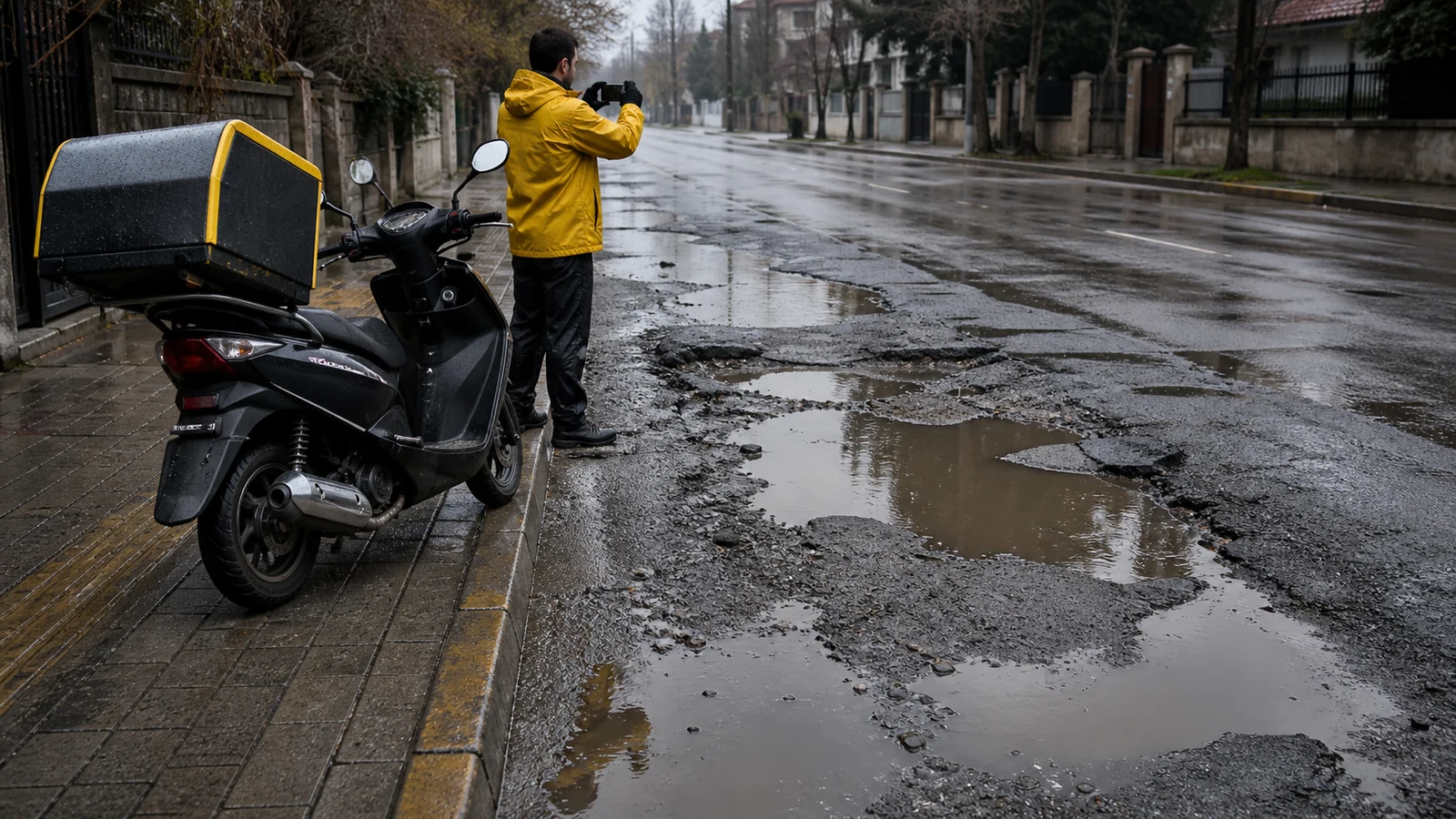 Yağmur sonrası bozuk yol ve su birikintisini güvenli kaldırımdan kayda alan kurye