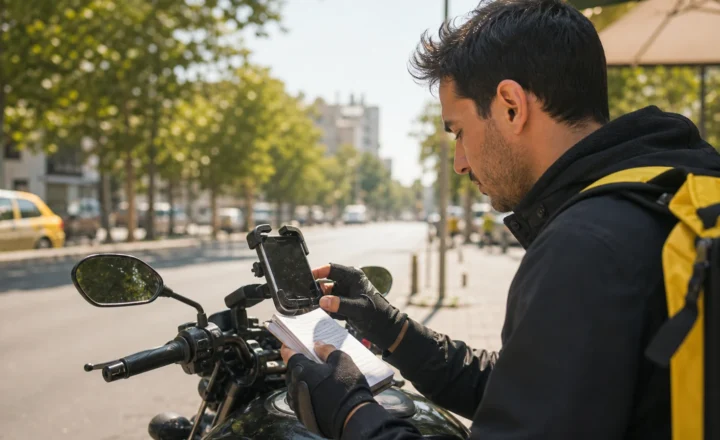 Yaz sıcağında park hâlindeki motosiklette telefon ve çevrimdışı rota notunu kontrol eden kurye