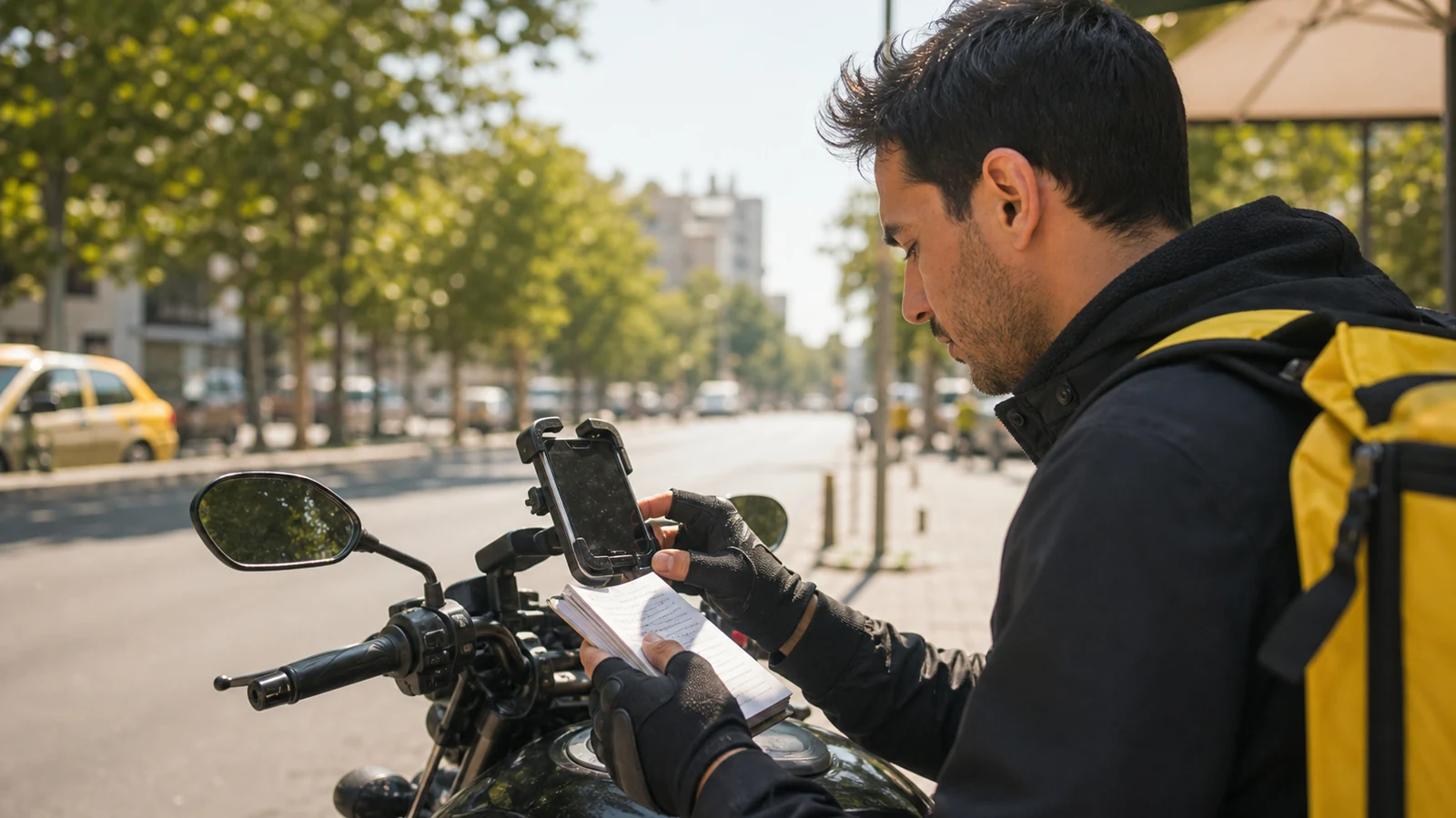 Yaz sıcağında park hâlindeki motosiklette telefon ve çevrimdışı rota notunu kontrol eden kurye
